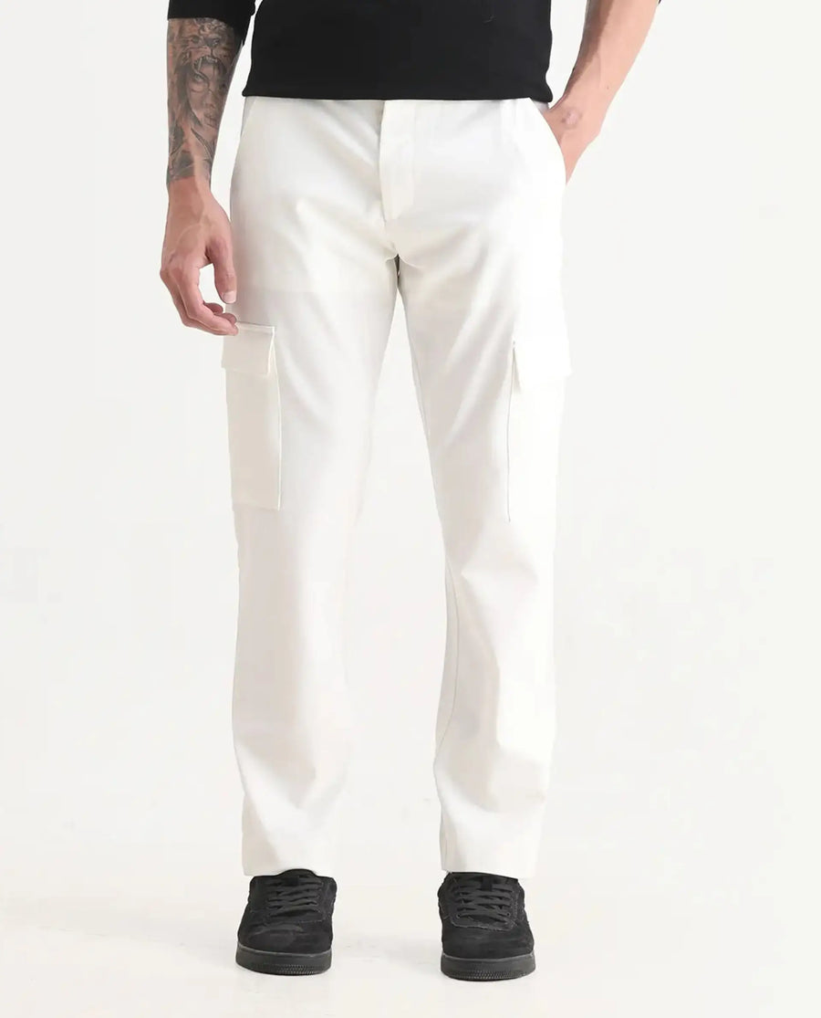 Rare Rabbit Men's Zal Off White Polyester Plain Relaxed Fit Trouser