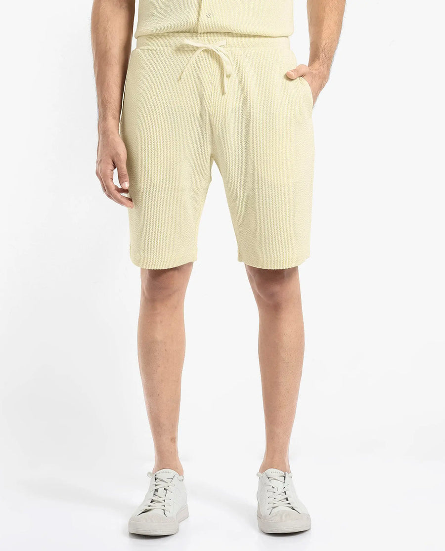 Rare Rabbit Men's Zavet-B Flouroscent Yellow Cotton Blend Striped Print Regular Fit Shorts