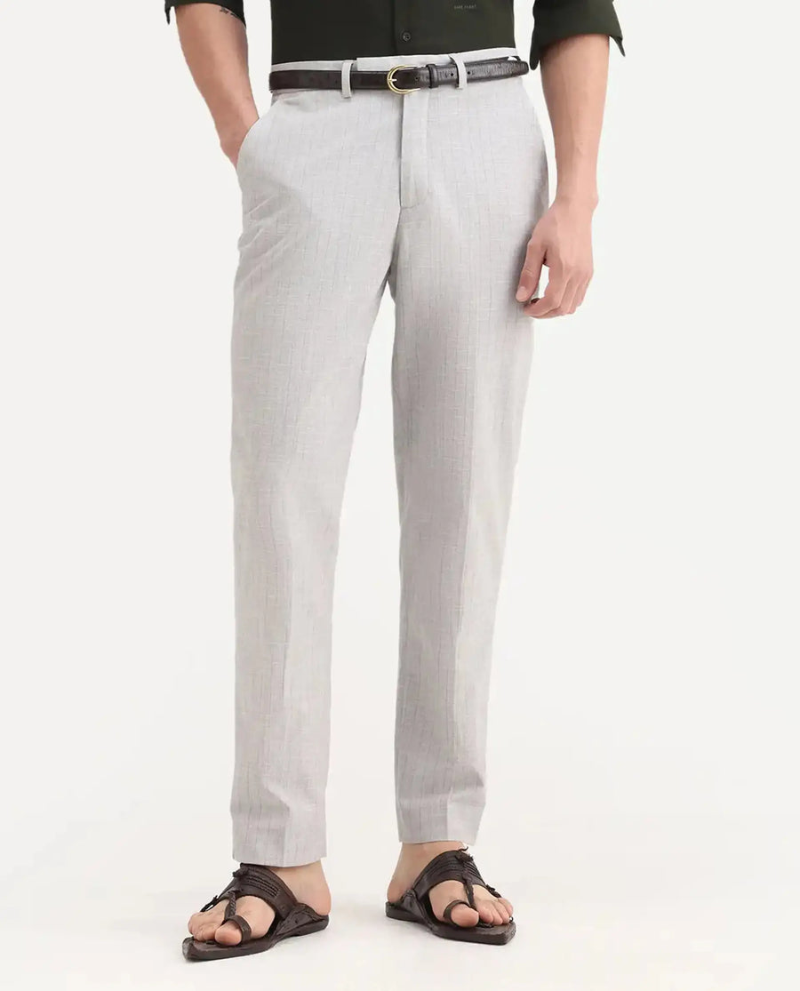 Rare Rabbit Men's Zimba Grey Polyester Blend Striped Print Straight Fit Trouser