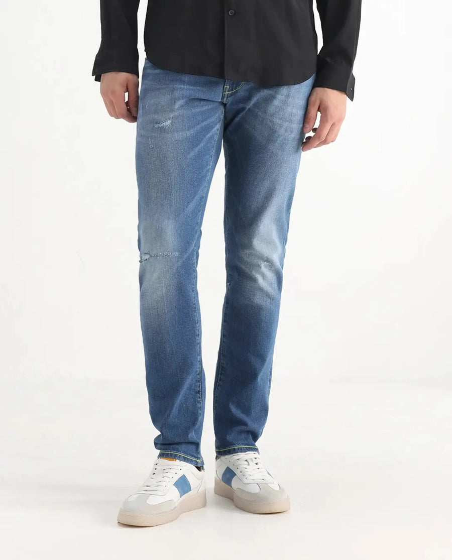 Rare Rabbit Men's Zinon Blue Cotton Blend Plain Hawk Slim Fit Jeans