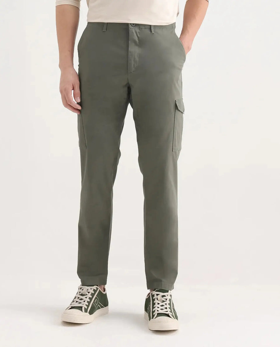 Rare Rabbit Men's Zipe Dusky Olive Cotton Plain Regular Fit Trouser