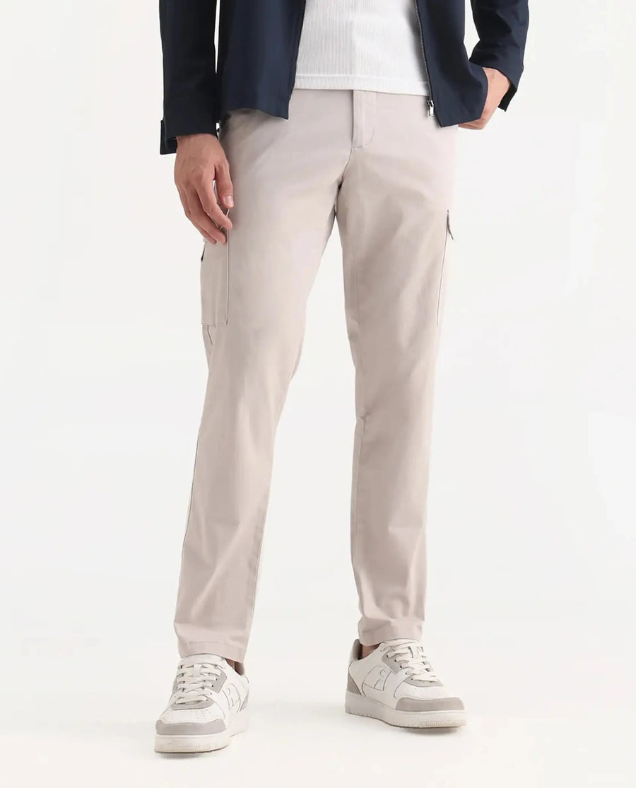 Rare Rabbit Men's Zipe Light Grey Cotton Plain Regular Fit Trouser