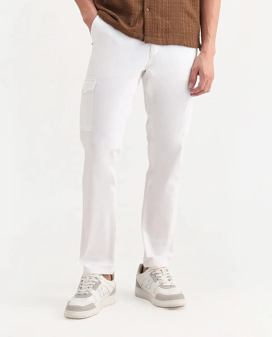 Rare Rabbit Men's Zipe White Cotton Plain Regular Fit Trouser