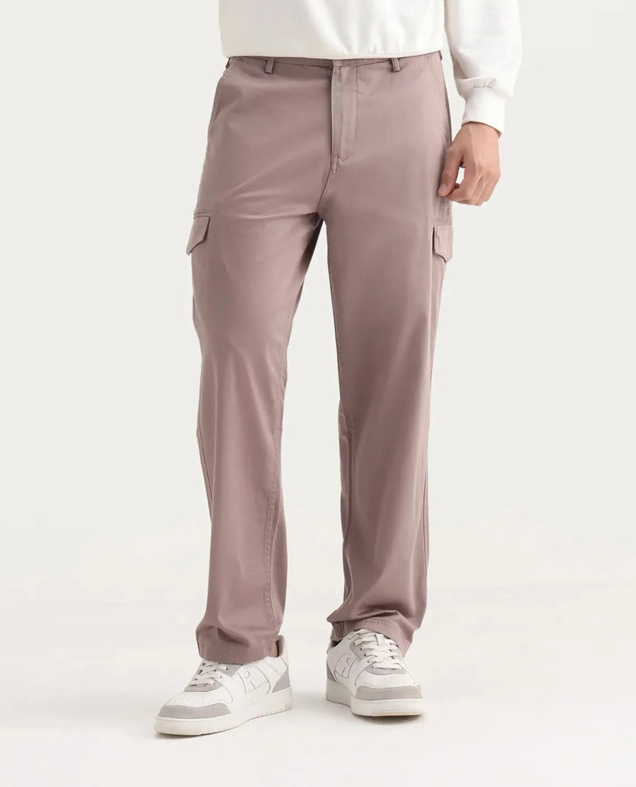 Rare Rabbit Men's Zipo Dusky Pink Cotton Plain Regular Fit Trouser