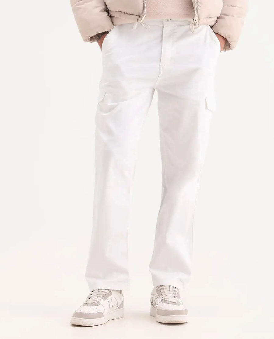 Rare Rabbit Men's Zipo White Cotton Plain Regular Fit Trouser