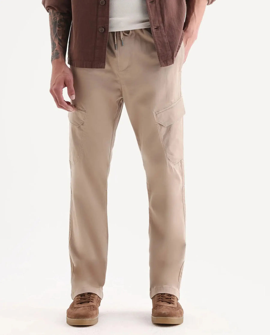 Rare Rabbit Men's Zudi Light Brown Cotton Plain Regular Fit Trouser