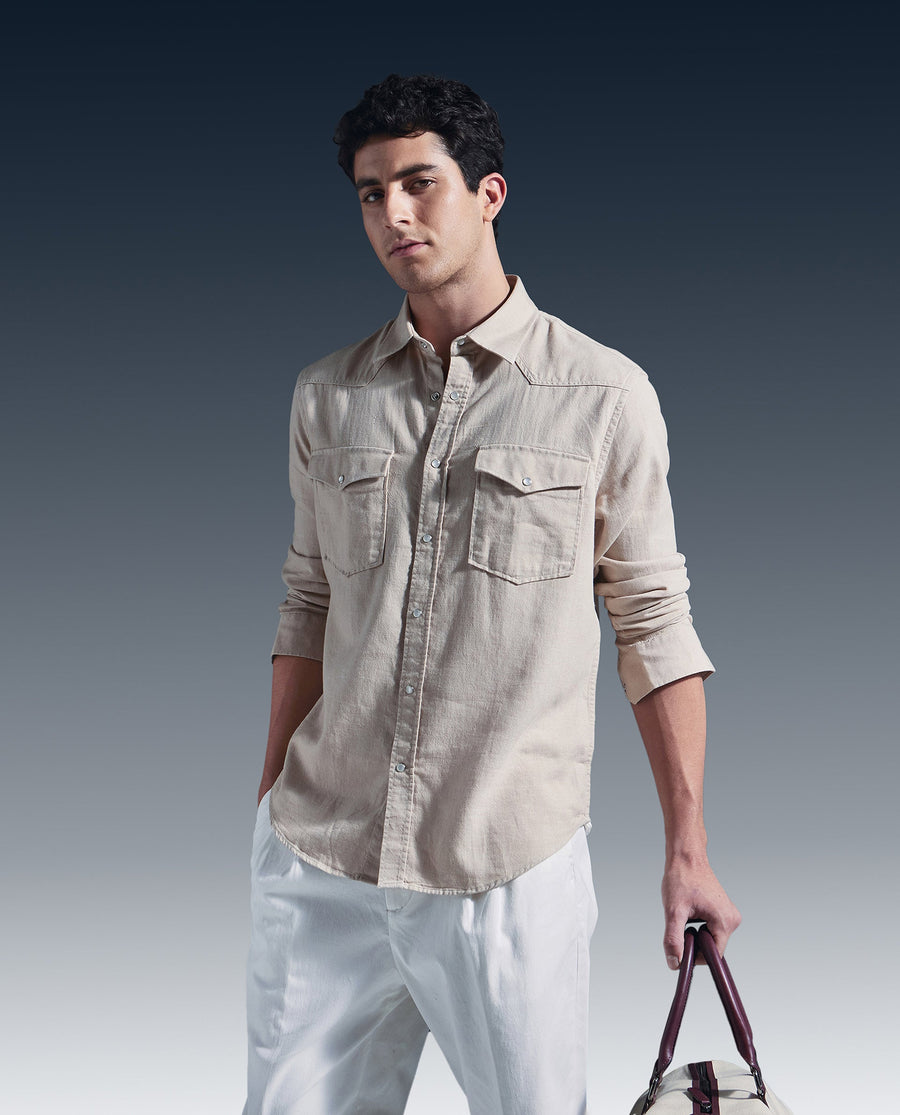 Rare Rabbit Men's Haxlr Beige Cotton Blend Plain Regular Fit Full Sleeve Collared Shirt