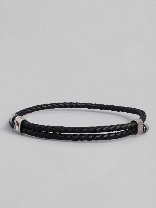 Tommy Hilfiger Men Leather Brass-Plated Bangle-Style Bracelet