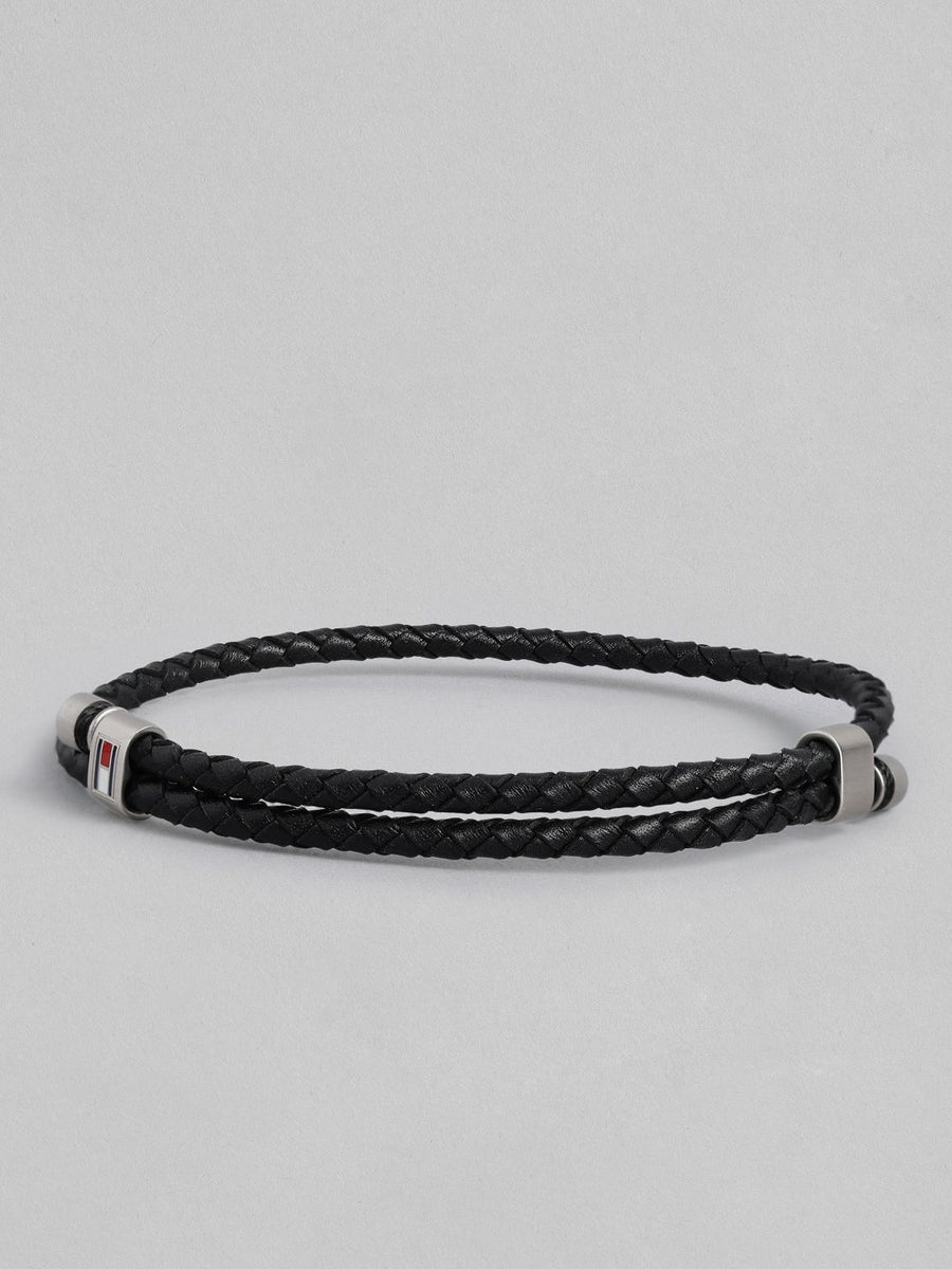 Tommy Hilfiger Men Leather Brass-Plated Bangle-Style Bracelet