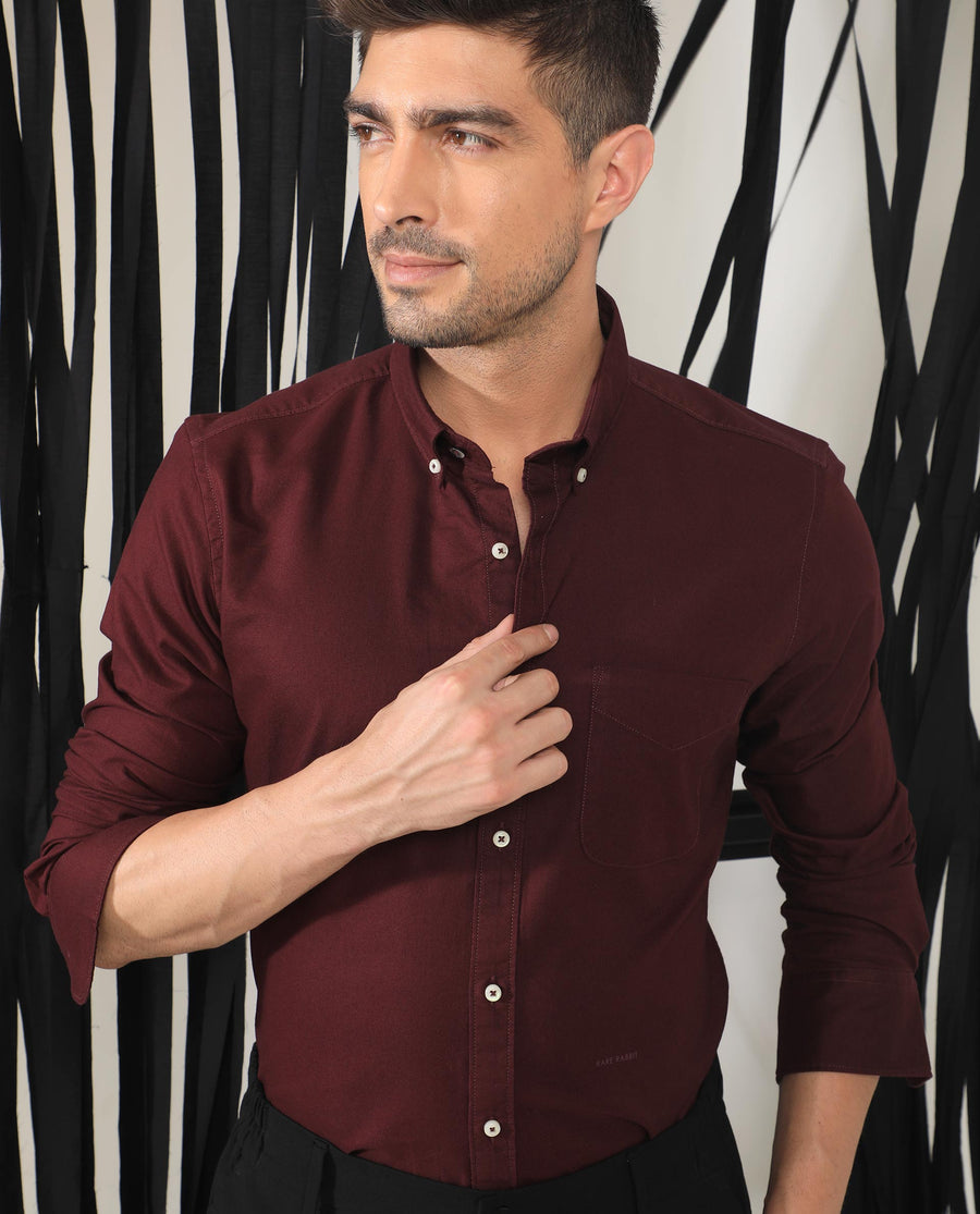 Rare Rabbit Men's Auxfo Maroon Cotton Plain Regular Fit Full Sleeve Button-Down Collar Shirt