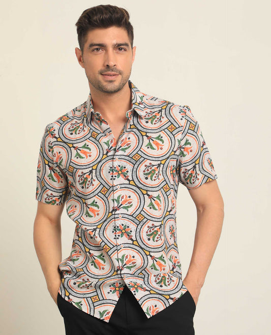 Rare Rabbit Men's Tiles Multi Viscose Floral Print Regular Fit Half Sleeve Collared Shirt