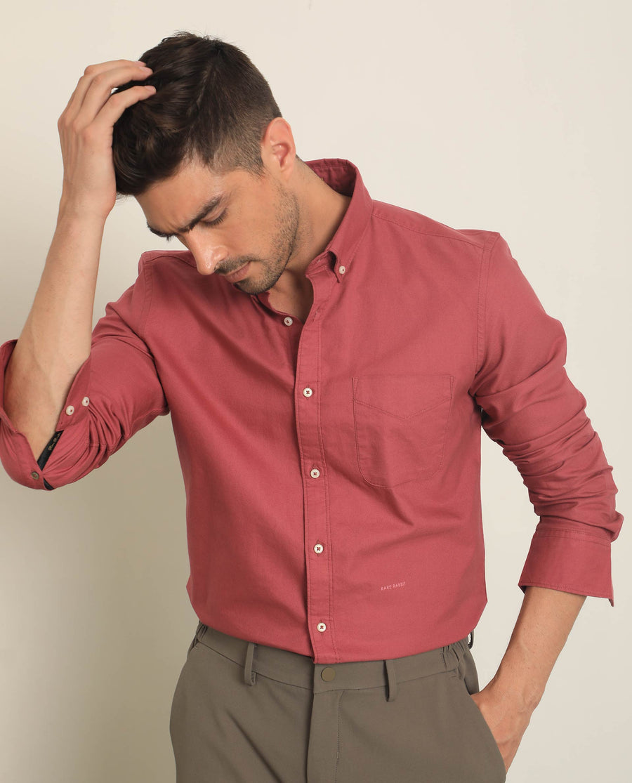 Rare Rabbit Men's Auxfo Pink Cotton Plain Regular Fit Full Sleeve Button-Down Collar Shirt