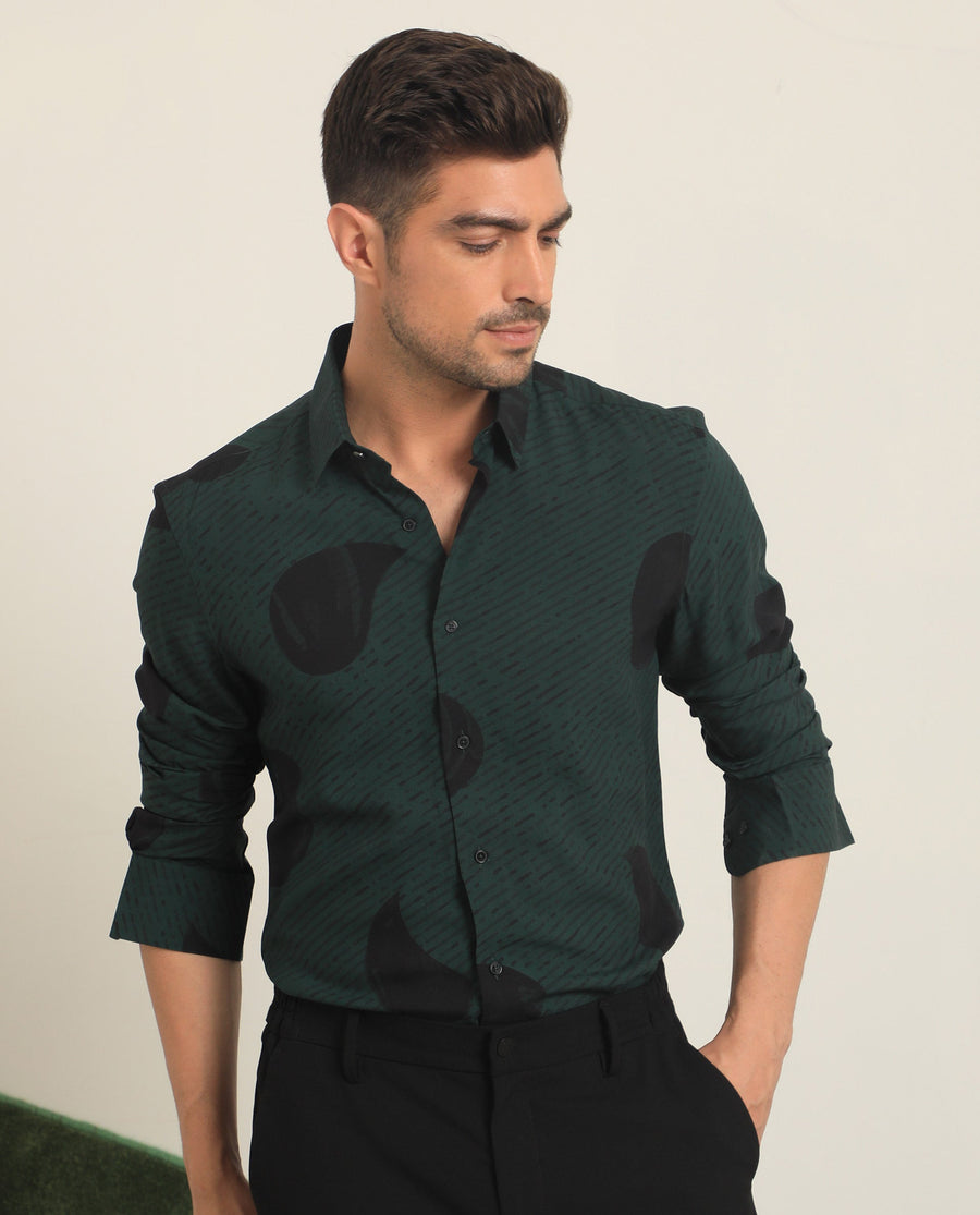 Rare Rabbit Men's Palme Dark Green Viscose Abstract Print Regular Fit Full Sleeve Collared Shirt