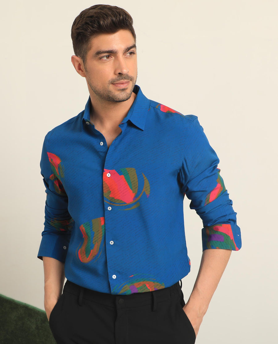 Rare Rabbit Men's Palme Blue Viscose Abstract Print Regular Fit Full Sleeve Collared Shirt