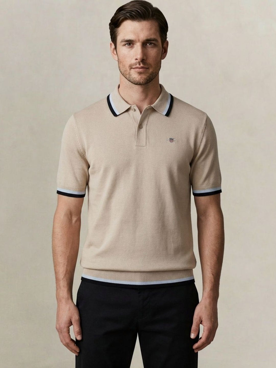 Gant Men Beige Solid Regular Fit Pure Cotton Polo T-Shirt