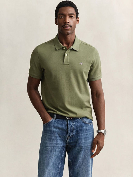 Gant Men Green Solid Regular Fit Shield Pique Polo T-Shirt