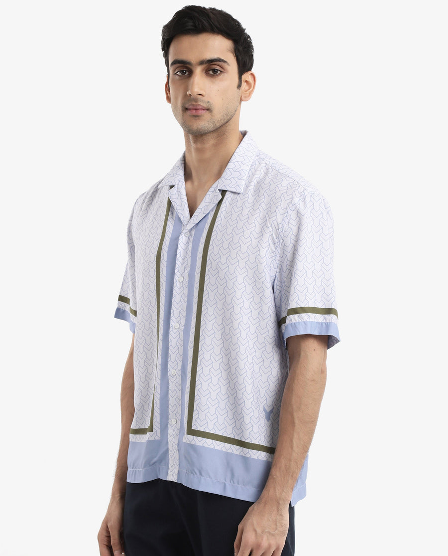Rare Rabbit Men's Idir Dusky Blue Viscose Monogram Print Boxy Fit Half Sleeve Cuban Collar Shirt