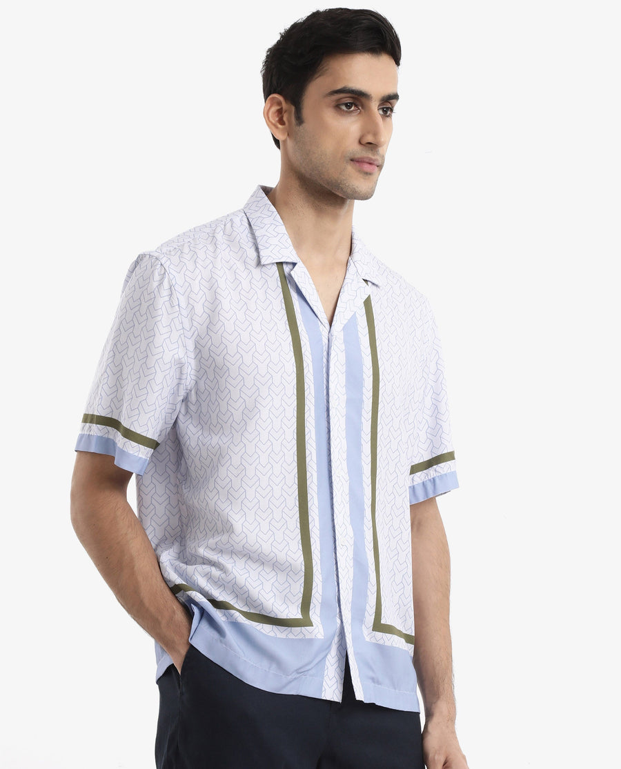 Rare Rabbit Men's Idir Dusky Blue Viscose Monogram Print Boxy Fit Half Sleeve Cuban Collar Shirt