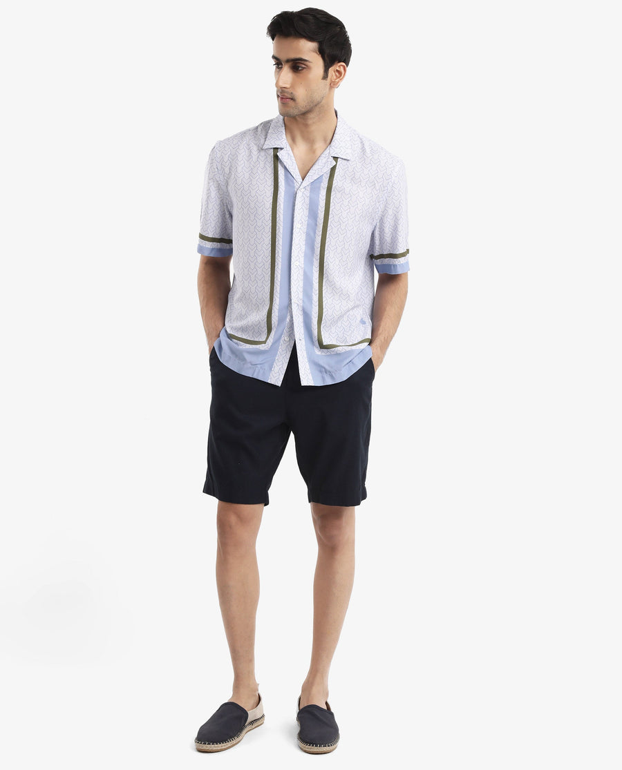 Rare Rabbit Men's Idir Dusky Blue Viscose Monogram Print Boxy Fit Half Sleeve Cuban Collar Shirt