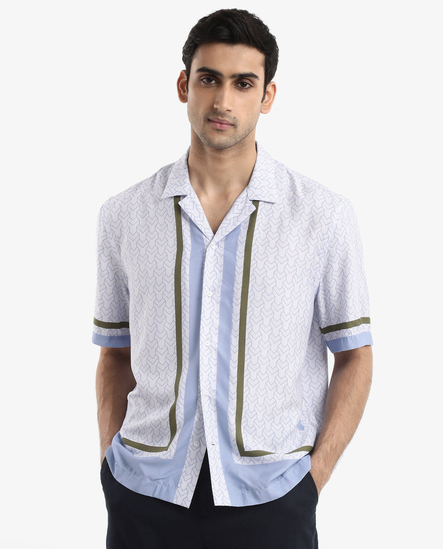Rare Rabbit Men's Idir Dusky Blue Viscose Monogram Print Boxy Fit Half Sleeve Cuban Collar Shirt