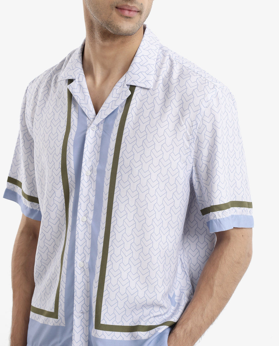 Rare Rabbit Men's Idir Dusky Blue Viscose Monogram Print Boxy Fit Half Sleeve Cuban Collar Shirt