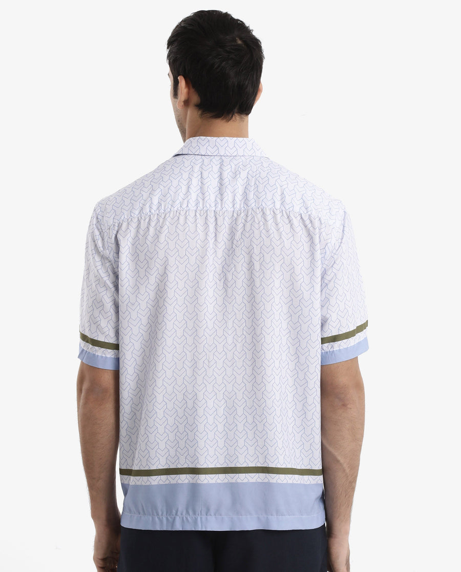 Rare Rabbit Men's Idir Dusky Blue Viscose Monogram Print Boxy Fit Half Sleeve Cuban Collar Shirt