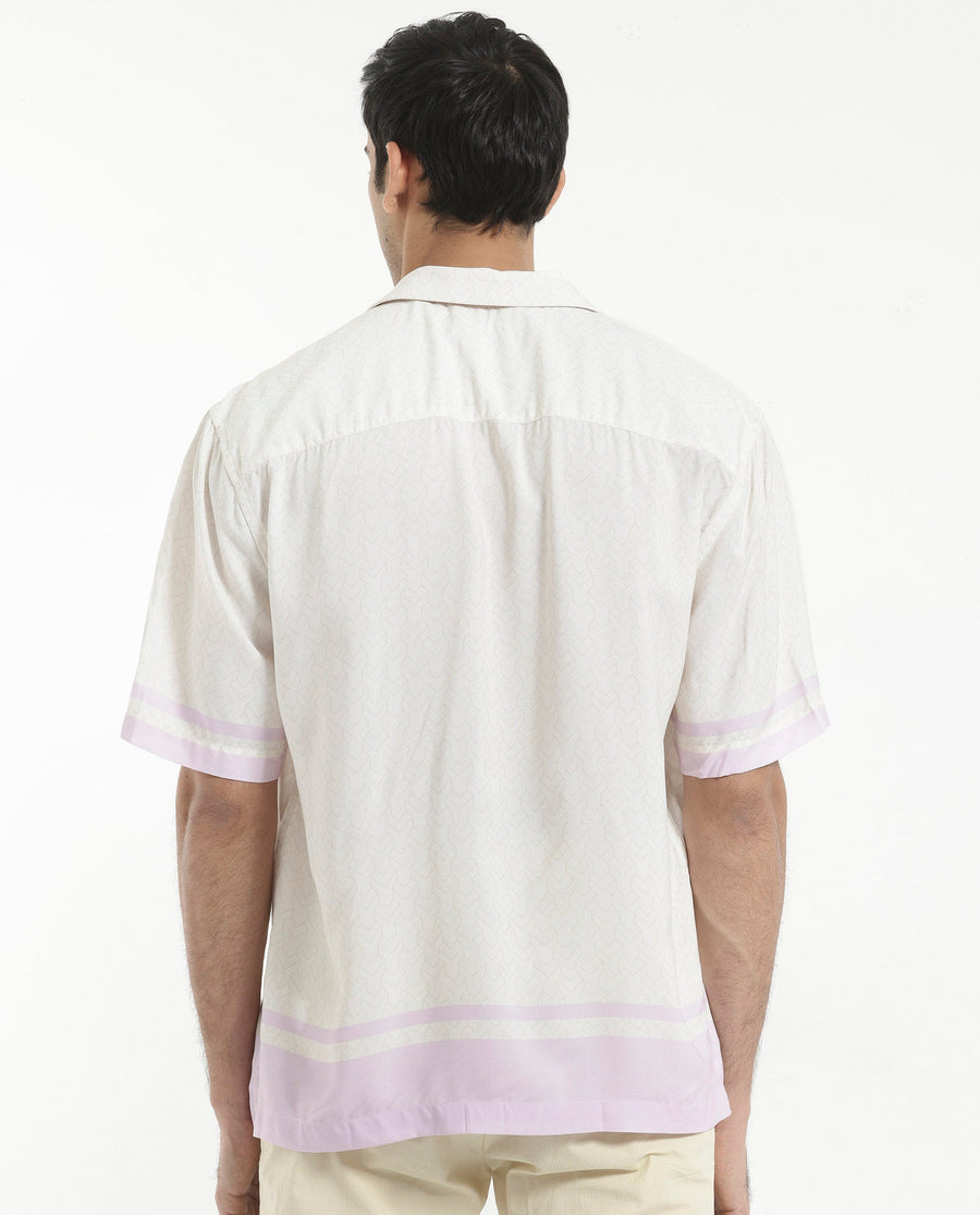 Rare Rabbit Men's Idir Off White Viscose Monogram Print Boxy Fit Half Sleeve Cuban Collar Shirt