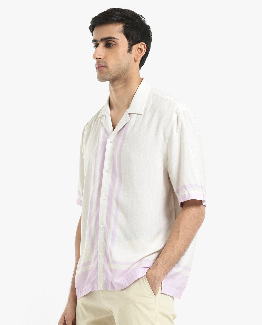 Rare Rabbit Men's Idir Off White Viscose Monogram Print Boxy Fit Half Sleeve Cuban Collar Shirt
