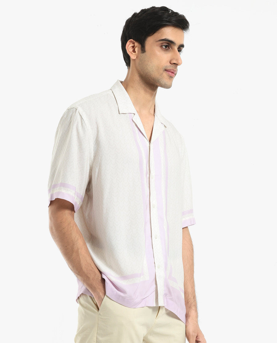Rare Rabbit Men's Idir Off White Viscose Monogram Print Boxy Fit Half Sleeve Cuban Collar Shirt