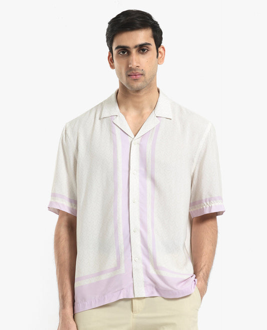 Rare Rabbit Men's Idir Off White Viscose Monogram Print Boxy Fit Half Sleeve Cuban Collar Shirt