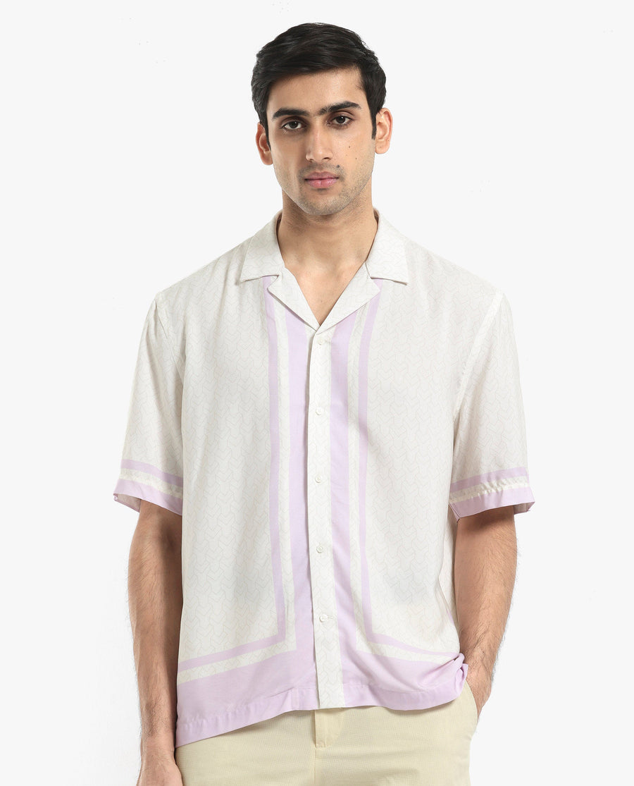 Rare Rabbit Men's Idir Off White Viscose Monogram Print Boxy Fit Half Sleeve Cuban Collar Shirt