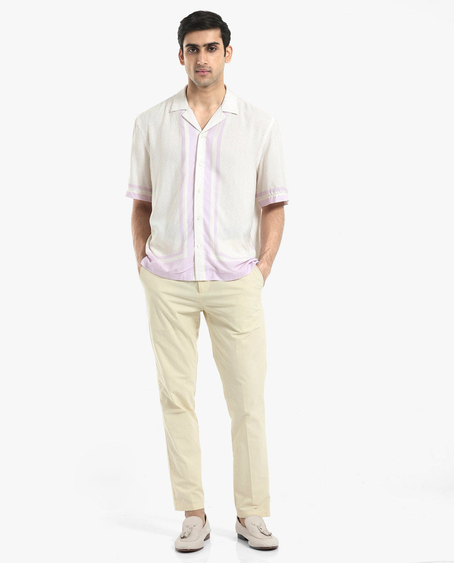 Rare Rabbit Men's Idir Off White Viscose Monogram Print Boxy Fit Half Sleeve Cuban Collar Shirt