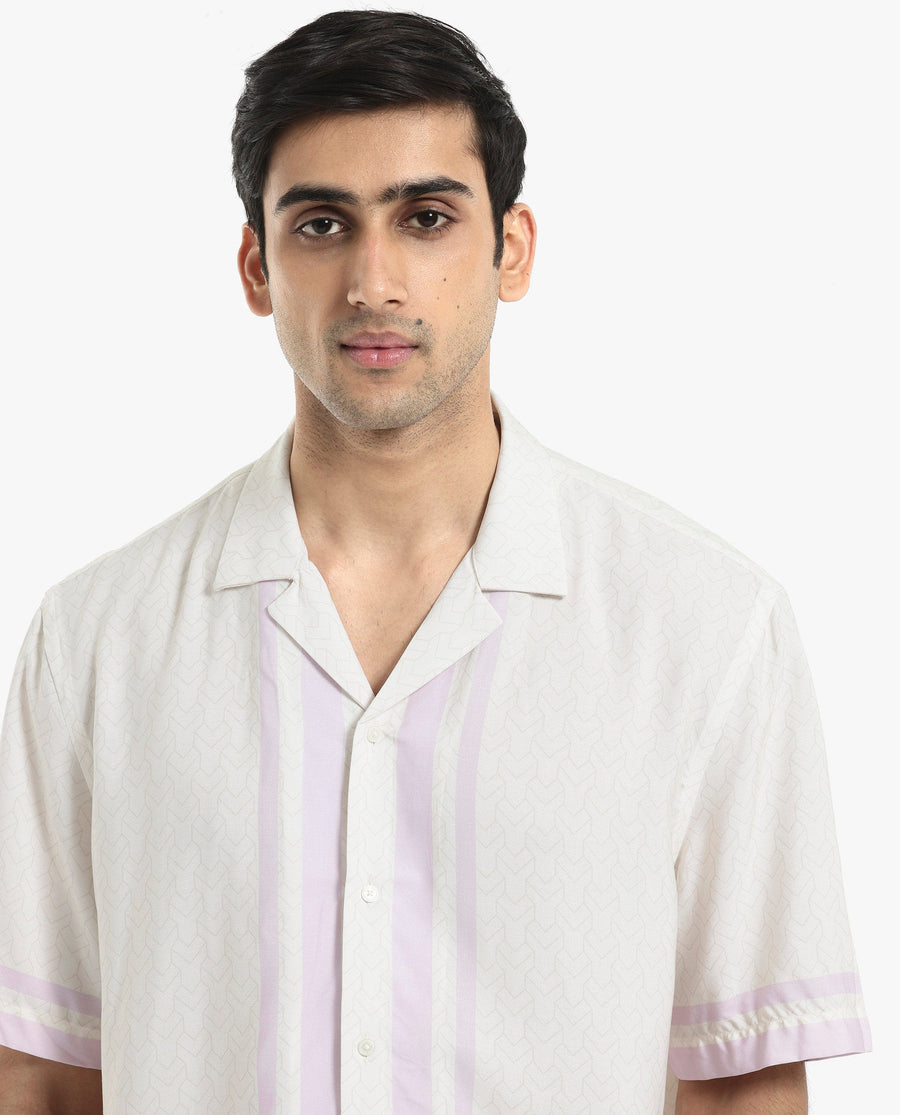 Rare Rabbit Men's Idir Off White Viscose Monogram Print Boxy Fit Half Sleeve Cuban Collar Shirt