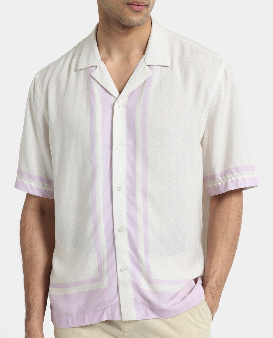 Rare Rabbit Men's Idir Off White Viscose Monogram Print Boxy Fit Half Sleeve Cuban Collar Shirt
