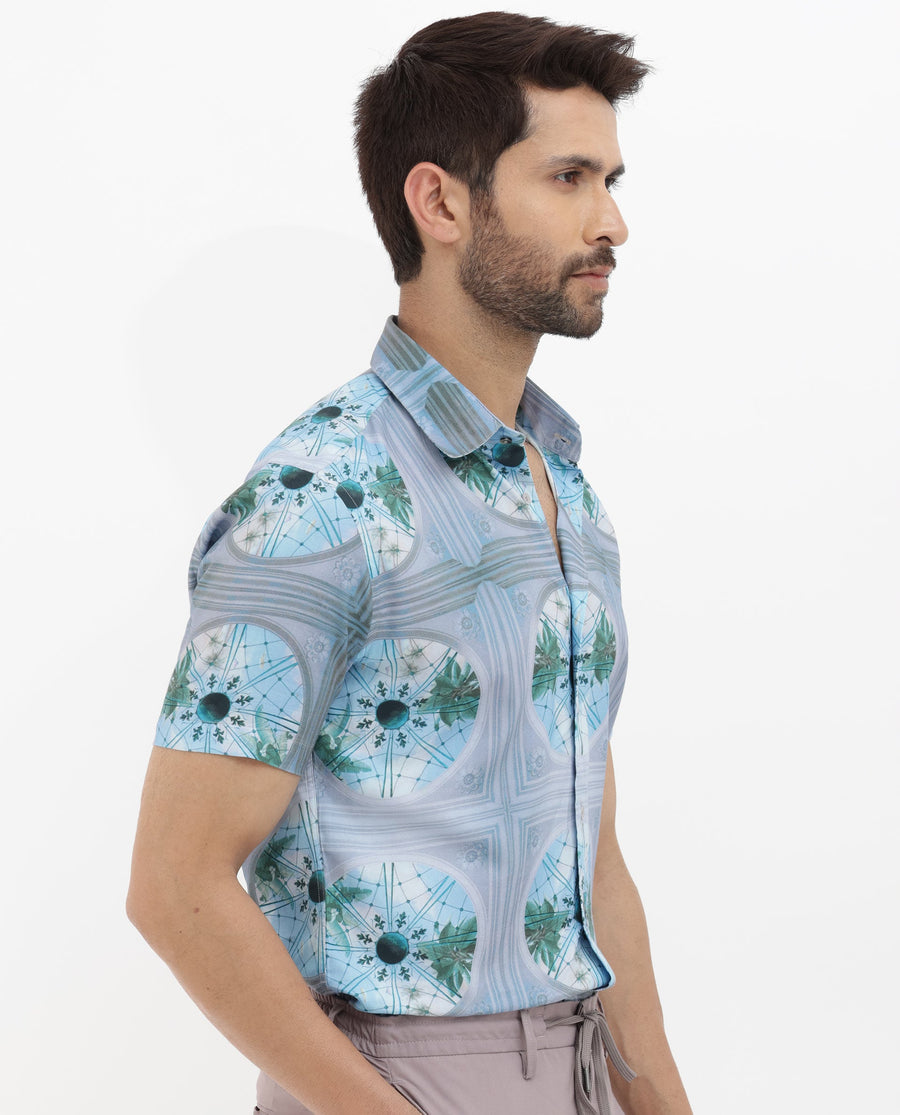 Rare Rabbit Men's Idris Pastel Purple Cotton Abstract Print Boxy Fit Half Sleeve Collared Shirt