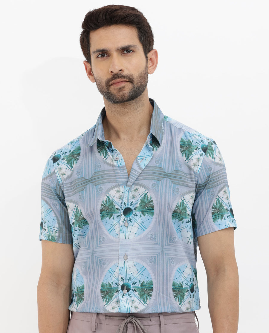 Rare Rabbit Men's Idris Pastel Purple Cotton Abstract Print Boxy Fit Half Sleeve Collared Shirt