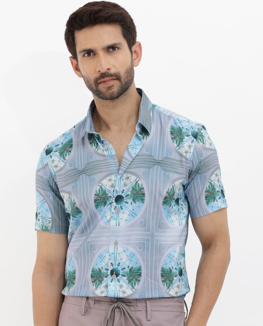 Rare Rabbit Men's Idris Pastel Purple Cotton Abstract Print Boxy Fit Half Sleeve Collared Shirt