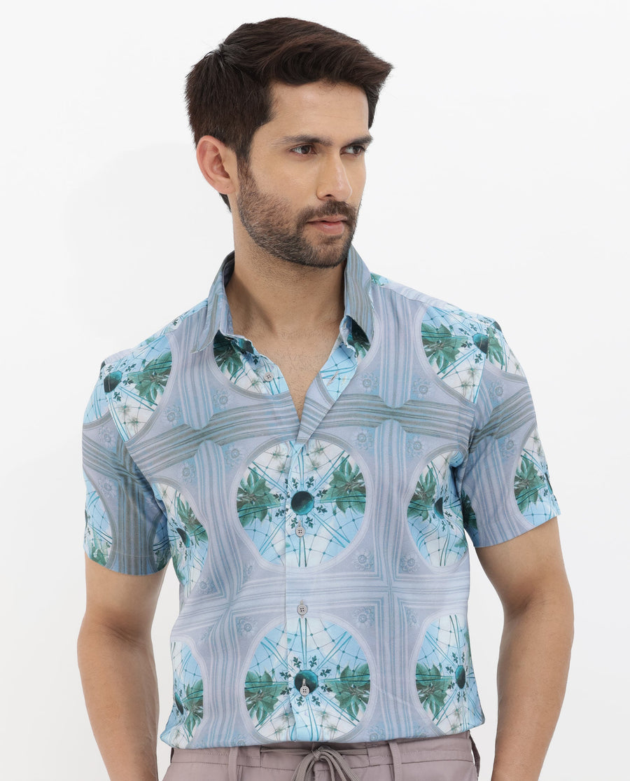 Rare Rabbit Men's Idris Pastel Purple Cotton Abstract Print Boxy Fit Half Sleeve Collared Shirt