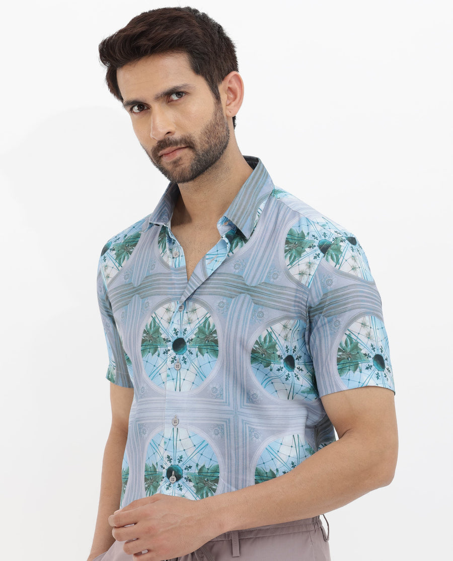 Rare Rabbit Men's Idris Pastel Purple Cotton Abstract Print Boxy Fit Half Sleeve Collared Shirt