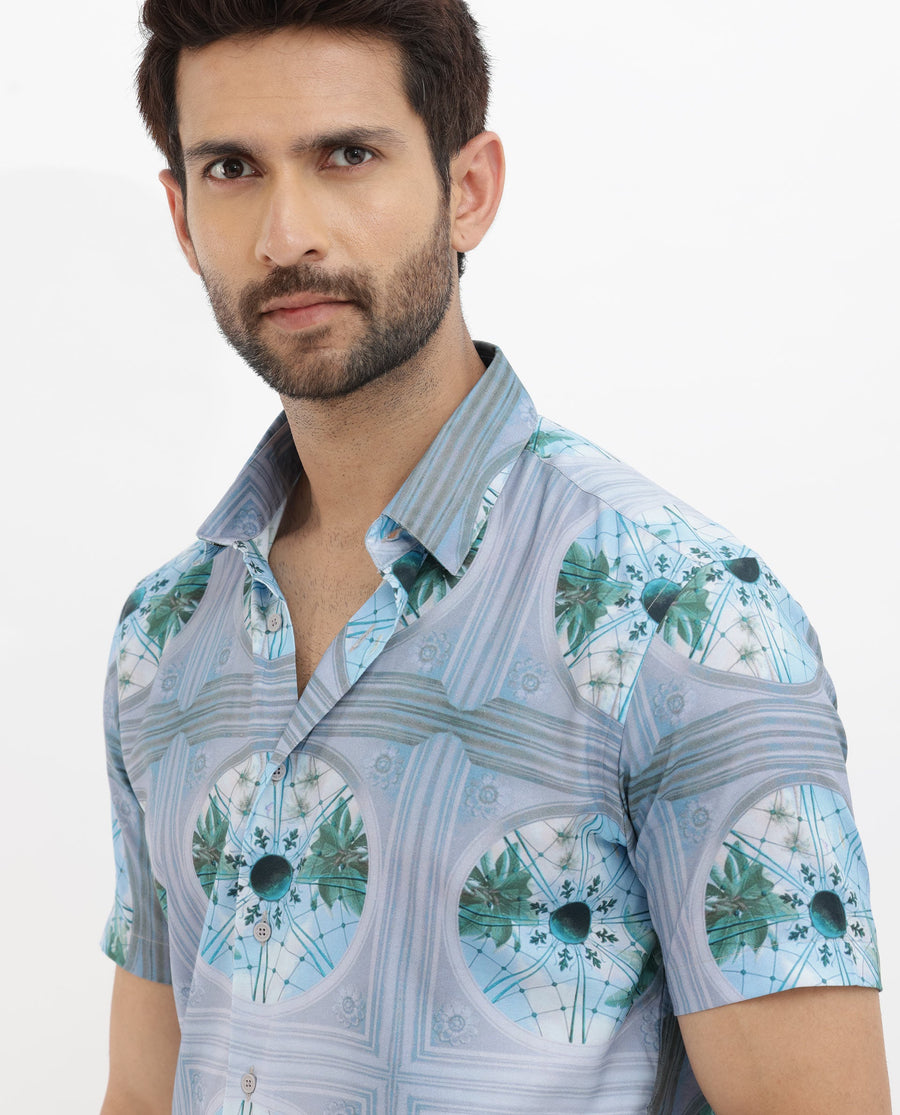 Rare Rabbit Men's Idris Pastel Purple Cotton Abstract Print Boxy Fit Half Sleeve Collared Shirt