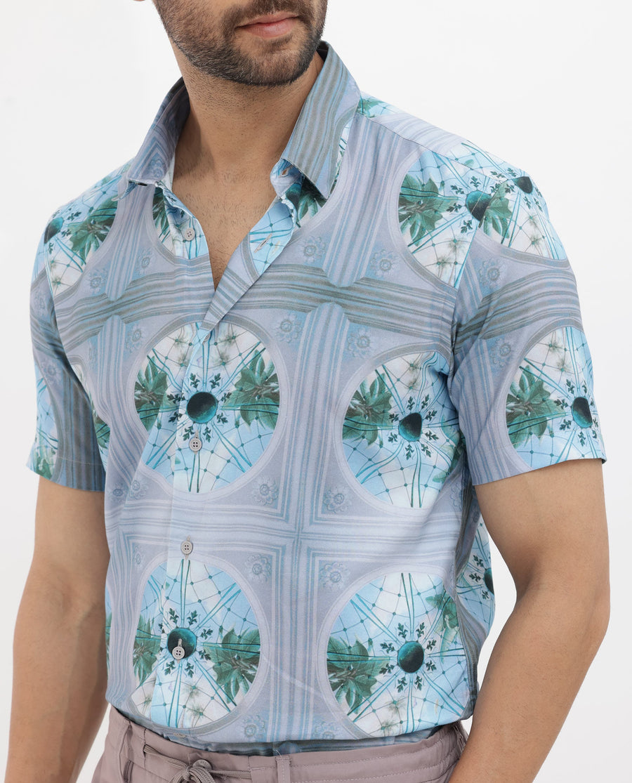 Rare Rabbit Men's Idris Pastel Purple Cotton Abstract Print Boxy Fit Half Sleeve Collared Shirt