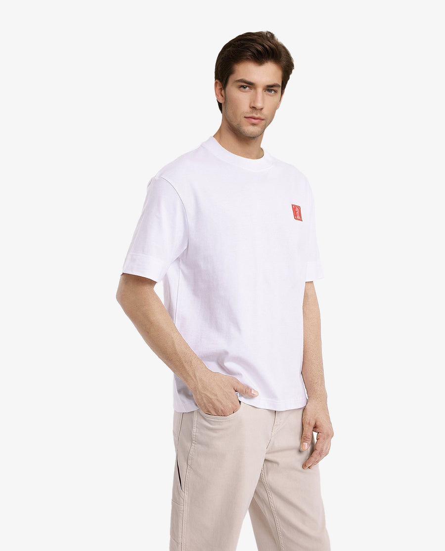 Rare Rabbit Men's Ight White Cotton Graphic Print Oversized Fit Half Sleeve Crew Neck T-Shirt