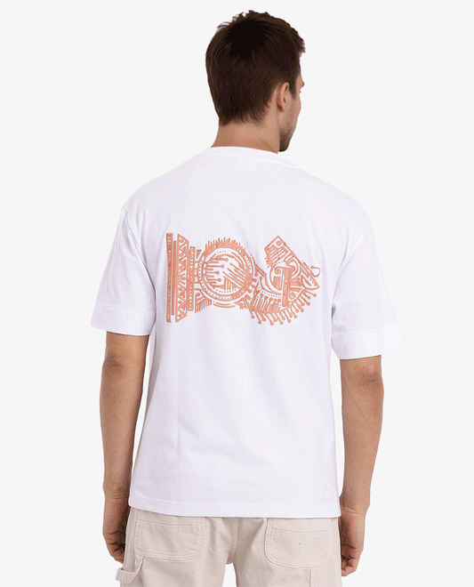 Rare Rabbit Men's Ight White Cotton Graphic Print Oversized Fit Half Sleeve Crew Neck T-Shirt