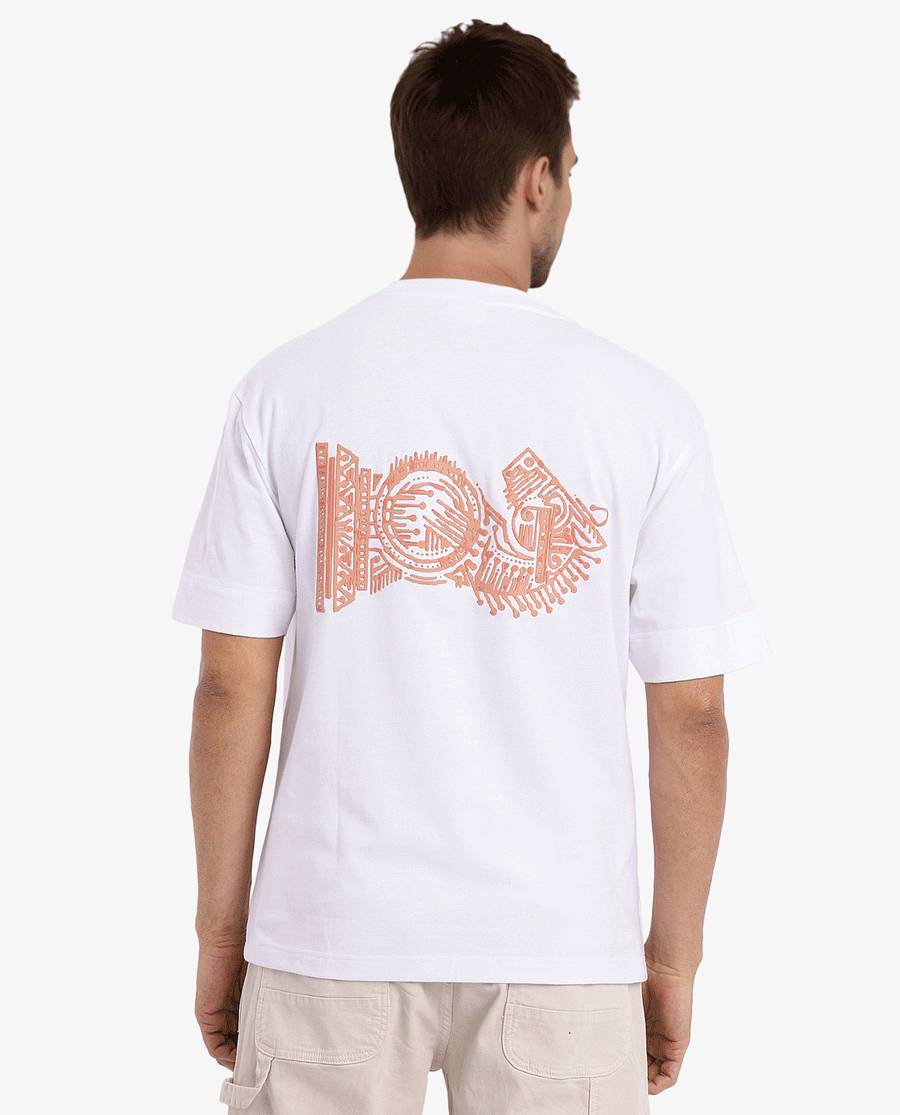Rare Rabbit Men's Ight White Cotton Graphic Print Oversized Fit Half Sleeve Crew Neck T-Shirt