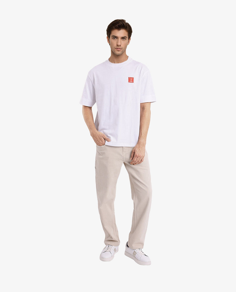 Rare Rabbit Men's Ight White Cotton Graphic Print Oversized Fit Half Sleeve Crew Neck T-Shirt