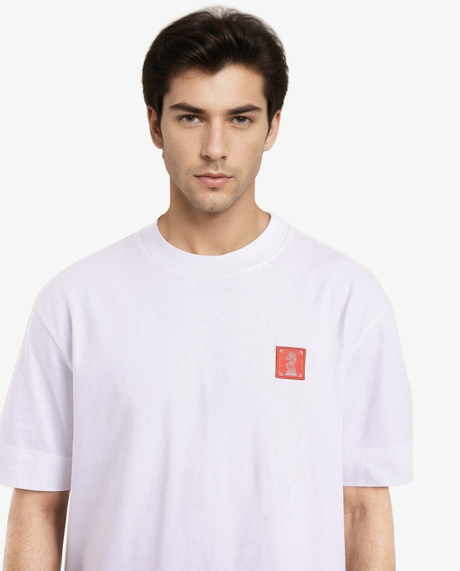 Rare Rabbit Men's Ight White Cotton Graphic Print Oversized Fit Half Sleeve Crew Neck T-Shirt