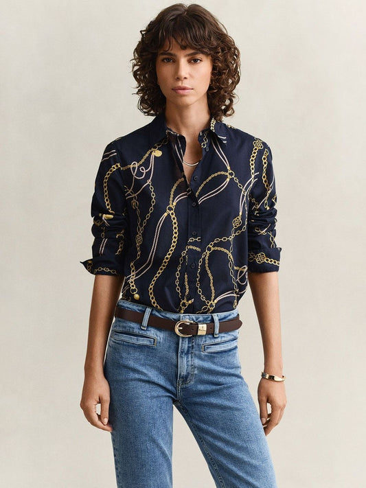 Gant Women Navy Blue Printed Regular Fit Pure Cotton Shirt