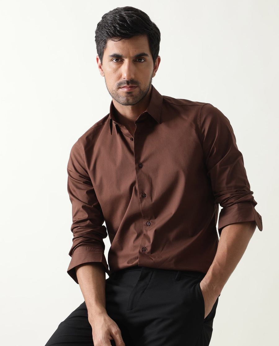 Rare Rabbit Men's Benedict Brown Cotton Plain Regular Fit Full Sleeve Collared Shirt