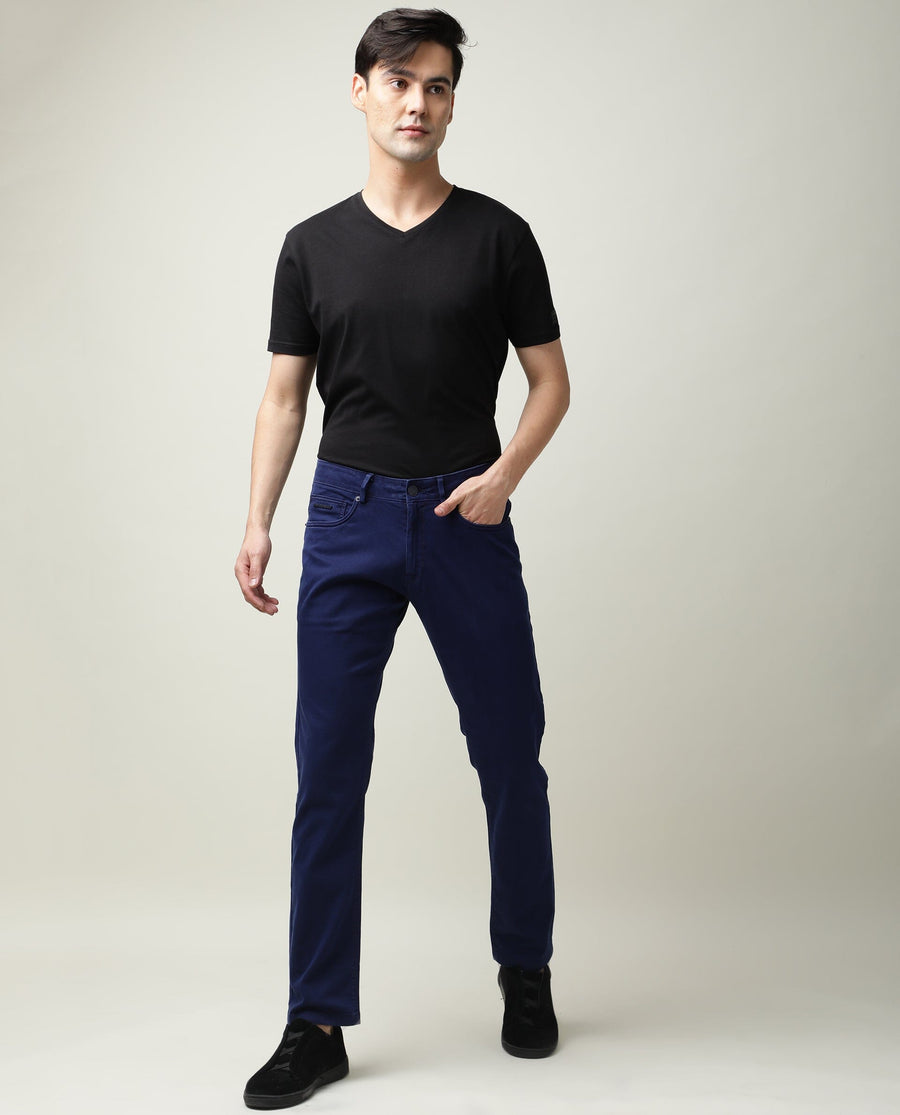 Rare Rabbit Men's Fiv5 Blue Cotton Plain Slim Fit Trouser