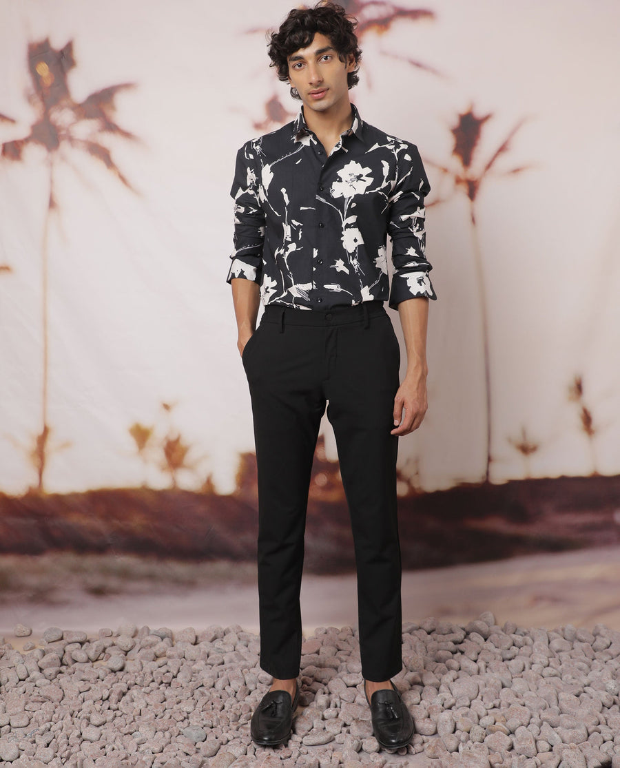 Rare Rabbit Men's Sketcherr Black Cotton Floral Print Regular Fit Full Sleeve Collared Shirt